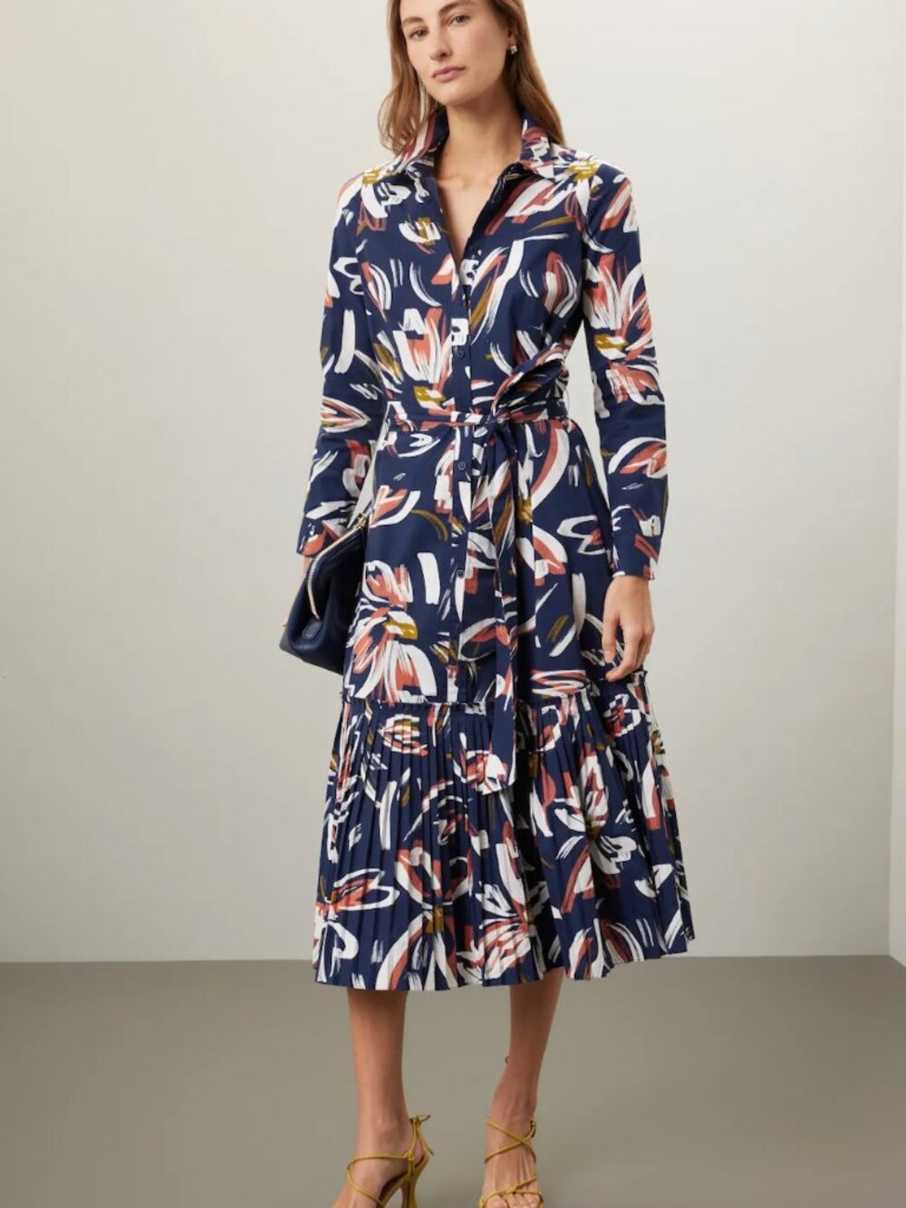 Shoshanna Floral-Print Pleated-Hem Tori Midi Dress Blue Long Sleeve Shirtdress - Picture 2 of 8